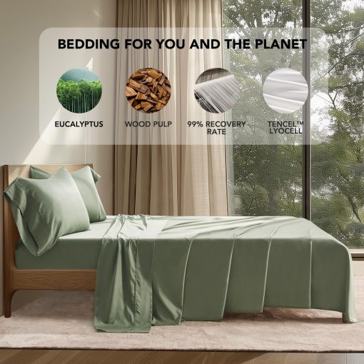 Juego de sabanas de algodon Tencel King Size de 4 piezas EVERGRACE, suaves y frescas, sabanas de lujo de lyocell de eucalipto organico con bolsillo profundo, 1 sabana bajera, 1 sabana plana, 2 fundas de almohada, color verde salvia - Imagen 3