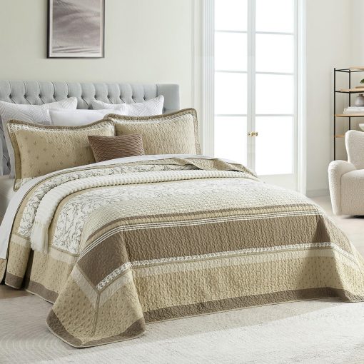 Colcha de Cama Queen de Algodon Oversized FineStichery 120"x102", Juego de Colcha a Rayas Marron Beige con Fundas de Almohada, Ligero y Reversible, Todas las Estaciones, 3 Piezas - Imagen 3