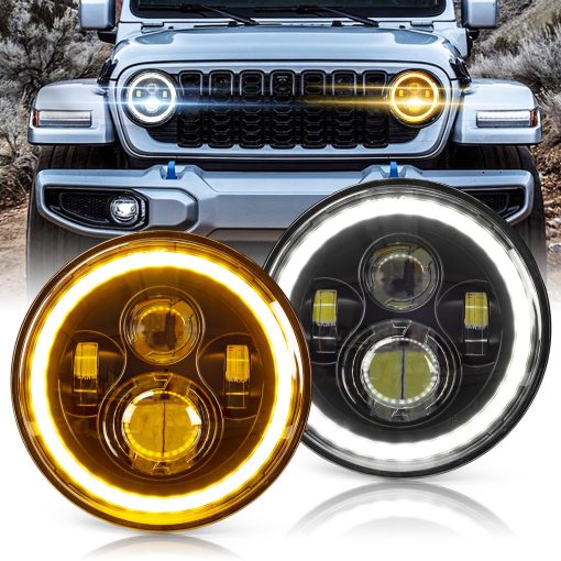 Faros Delanteros LED de 7 Pulgadas HILLSKING Compatible con Jeep Wrangler JK/TJ/LJ/CJ, Luces Delanteras LED con Halo Aprobadas por la DOT, Luz Alta/Baja con Senal de Giro Ambar, con Adaptador H4 H13, Juego de 2