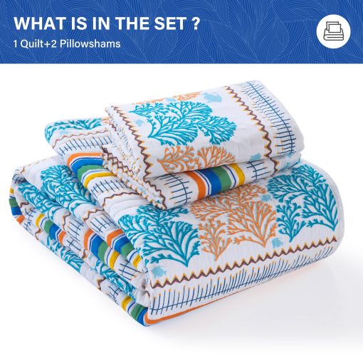 SahSahCasa Quilt Queen Size, Juego de Edredon Queen, Edredon 100% Algodon, Juego de Ropa de Cama Edredon Queen, Edredon Ligero Reversible para Verano para Ninos y Adultos, Blanco/Azul/Naranja - Imagen 6