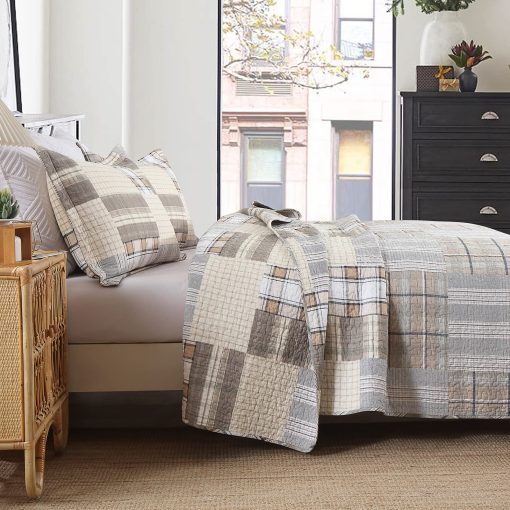 Colcha de algodon KALOOLA 100% algodon tamano queen, juego de cama de colcha a cuadros marron tamano queen 3 piezas, colchas ligeras de estilo granja para todas las estaciones, 1 colcha 2 fundas de almohada - Imagen 7