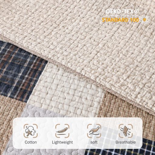 Colchas Queen Size de Granja Y-PLWOMEN - 100% Algodon Colcha de Cuadros Queen con 2 Fundas de Almohada, Colchas de Cama Acolchadas Transpirables, Juego de Ropa de Cama, Marron Beige, Queen (90 * 98 Pulgadas) - Imagen 5