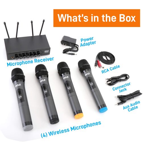 Sistema de Microfono Inalambrico UHF Portatil Pyle - Set de Cuatro Microfonos Bluetooth Inalambricos con Bateria, 50 Canales de Frecuencia Selectable, Base Receptora, AUX, Karaoke DJ Fiesta - Pyle PDWM4120 - Imagen 7