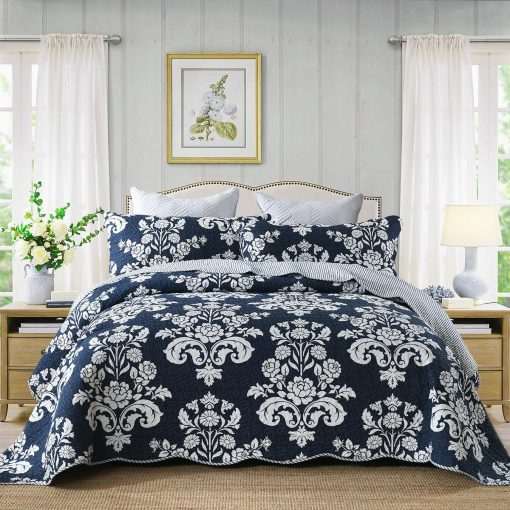 Juego de Colcha Qiqiong Queen, Azul Marino 100% Algodon Colcha Floral Acolchada Queen Tamaño Granja Paisley Reversible Juego de Ropa de Cama Ligero Funda de Edredon para Todas las Temporadas, 3 Piezas