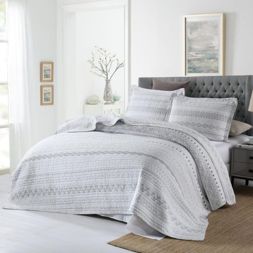 Colcha Boho Queen FineStichery, tamaño Queen, 100% algodon, Juego de colchas geometricas blancas y grises, Conjunto de 3 piezas de colcha bohemia ligera para todas las estaciones - Imagen 2