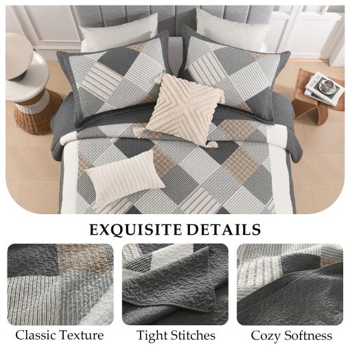 Juego de Edredon CozyStitch King - Set de Ropa de Cama Acolchado de Estilo Granja 100% Algodon con 3 Piezas en Gris Oscuro/Blanco/Marron - Imagen 6