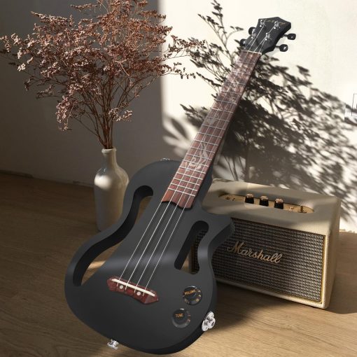 Ukulele Silencioso, Lotkey 26 Pulgadas Cuerpo de Okume Electrico Ukulele para Practica o Presentaciones con Salida de AMP Cuerdas de Nylon Italiano con Afinador Correa y Accesorios Completos (Negro) - Imagen 9