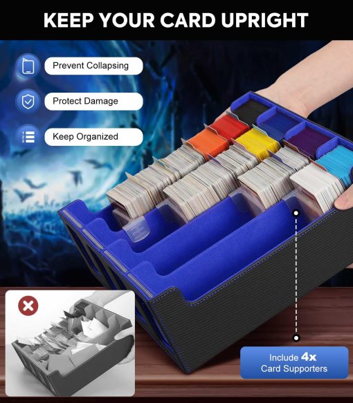 Caja de Almacenamiento de Cartas MoKo para Trading Cards, 3000+ MTG Deck Box con 24 Separadores Coloridos & 4 Soportes de Cartas, Estuche de Baraja Commander con Ventana de Exhibicion, Compatible con Cartas de Juego Magic, YugiOh, Negro Azul - Imagen 6
