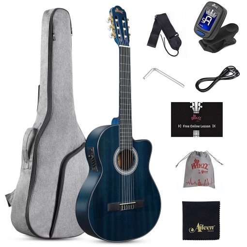 Guitarra Clasica Electrica WINZZ AC309CE de 39 Pulgadas con Cutaway, Kit con Pastilla Incorporada y Lecciones en Linea, Azul