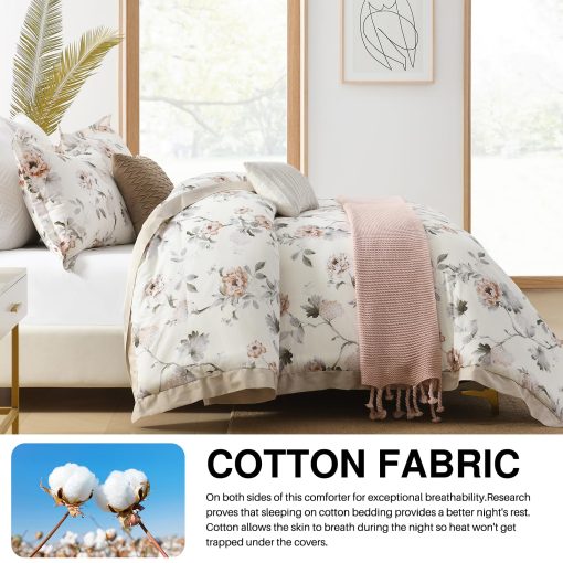 Juego de Edredon Queen DDUOXIN - Juego de Edredon de 3 Piezas de Algodon de Fibra Larga con Estampado Floral, Edredon Suave en Crema Verdoso Grisaceo para Cama Queen con 2 Fundas de Almohada - Imagen 4