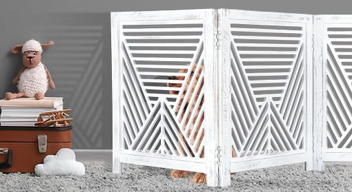 Puerta para perros, Puerta para mascotas, Puertas para perros interiores, Puerta para perros extra ancha para la casa, Puerta para perros para escaleras, Puertas para cachorros, Puertas de seguridad para mascotas, Puertas de madera plegables 24x18 blanco antiguo, 3 paneles - Imagen 3