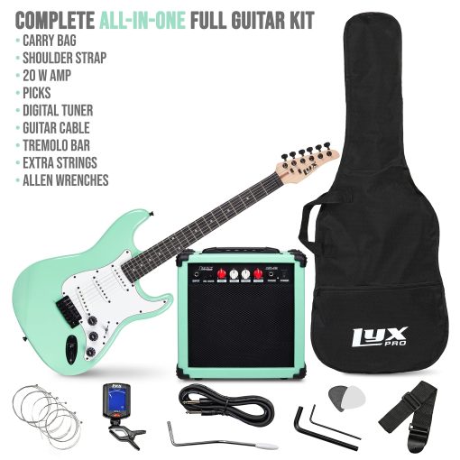 Kit de Guitarra Electrica de 39 pulgadas LyxPro con Amplificador de 20w, Todos los Accesorios, Afinador Digital de Pinza, Seis Cuerdas, Dos Puas, Barra de Tremolo, Correa para el Hombro, Bolsa de Estuche Kit de Inicio Tamano Completo - Verde - Imagen 2