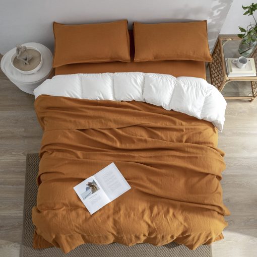 Juego de sabanas de lino EVERLY tamano gemelo, 100% lino puro frances, 3 piezas (1 sabana plana, 1 sabana ajustable, 1 funda de almohada) Adecuado para personas que duermen calientes, Juego de cama natural con bolsillo profundo lavado con piedra - Caramelo - Gemelo - Imagen 7
