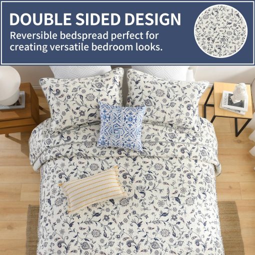 Colcha Acolchada Extra Grande KALOOLA 120x102, 100% Algodon Colchas de Cama Tamaño Queen, Ligera Reversible Cubrecama Edredon Set con Fundas de Almohada, 3 Piezas, Azul Marino Marron - Imagen 5