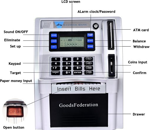 2024 Hucha del cajero automatico actualizada para dinero real para ninos y adultos con tarjeta de debito, inicio de sesion con contrasena, alimentador de billetes, reconocimiento de monedas, objetivo de ahorro, calculadora de saldo, caja fuerte de ahorro electronico (Negro) - Imagen 3