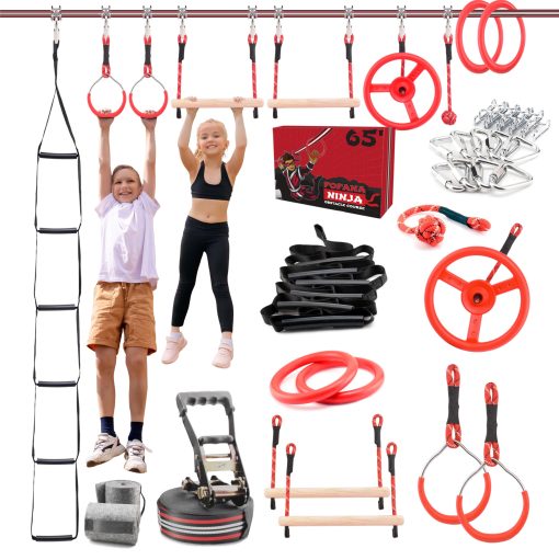 Fofana Ninja Warrior Obstacle Course for Kids - Set de 32 Piezas para Jugar en el Patio, 9 Obstaculos Divertidos, Kit de Slackline de 65 pies con Accesorios - Juguetes para Ninos Ninja, Equipo de Juego Exterior