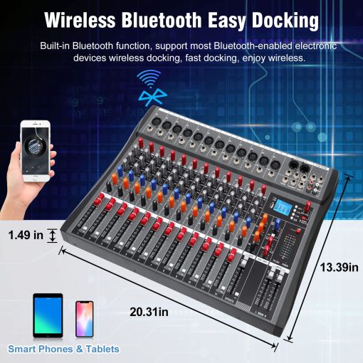 Mezcladora de Audio Inalambrica de 12 Canales, Equipo DJ Profesional, Consola con Bluetooth USB, Mezcladora DJ con Efectos, Mesa de Sonido con Alimentacion de 48V, Entrada/Salida RCA para Profesionales y Principiantes (12 Canales) - Imagen 4