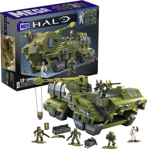 Set de Juguetes de Construccion MEGA Halo Infinite, Tanque UNSC Elephant Sandnest con 2041 Piezas, 5 Figuras de Accion Micro Articuladas Posables, Verde, para Ninos y Fans