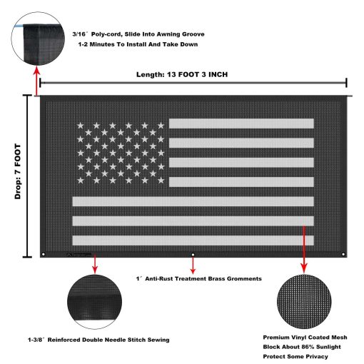 Tentproinc Toldo para RV con Proteccion Solar 7' x 13' 3'' (Bandera Americana) Malla Negra Pantalla de Sombra para Toldo de Remolque para Caravana Bloqueador UV Kits Completos - Imagen 6