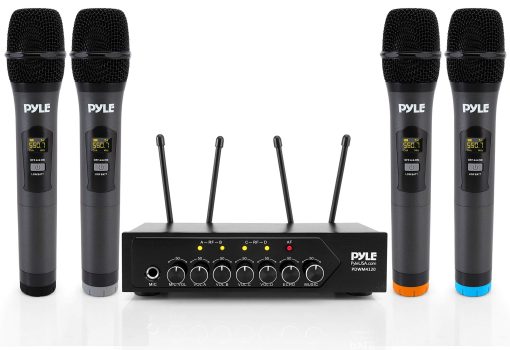 Sistema de Microfono Inalambrico UHF Portatil Pyle - Set de Cuatro Microfonos Bluetooth Inalambricos con Bateria, 50 Canales de Frecuencia Selectable, Base Receptora, AUX, Karaoke DJ Fiesta - Pyle PDWM4120