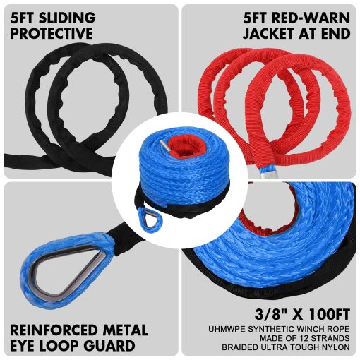 Cuerda de Malacate Sintetica ZESUPER 3/8" x 100ft Dyneema 12 Strand Cable de Malacate de Remolque de Coche Kit de Recuperacion todoterreno Linea de Malacate de reemplazo 26,500 lbs para Vehiculo 4WD Todo Terreno Camion SUV Jeep - Imagen 3