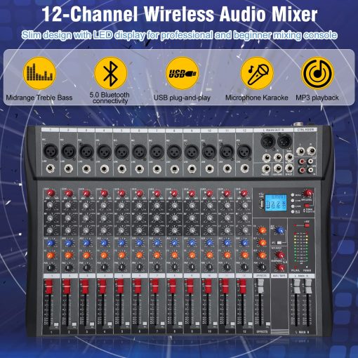 Mezcladora de Audio Inalambrica de 12 Canales, Equipo DJ Profesional, Consola con Bluetooth USB, Mezcladora DJ con Efectos, Mesa de Sonido con Alimentacion de 48V, Entrada/Salida RCA para Profesionales y Principiantes (12 Canales) - Imagen 2