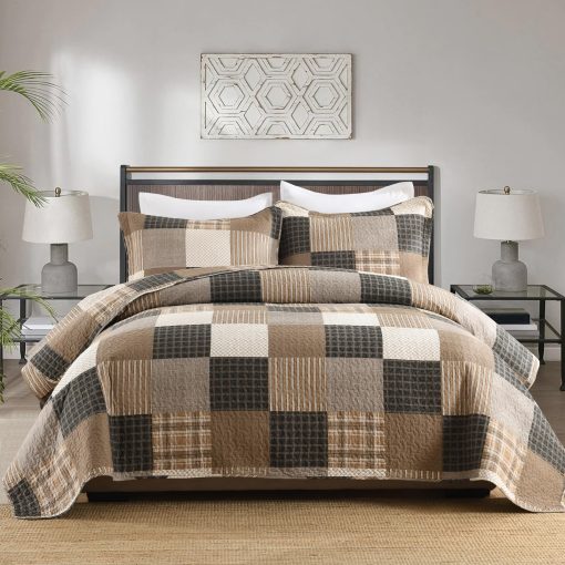 Edredon a cuadros tamano King de SOElinens - Edredon de cabana de patchwork rustico en tonos gris, marron y beige 100% algodon, Set de edredones ligeros para cama Queen, Juego de ropa de cama para todas las estaciones - Imagen 8