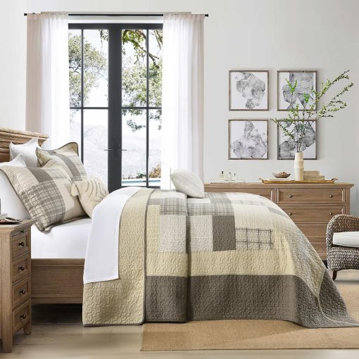 Colcha de Cama Queen 100% Algodon de 120"x102" - Juego de Ropa de Cama Ligero de Estilo Granja, 3 Piezas Edredon Reversible de Lujo en Cuadros Suaves, Beige/Marron - Imagen 3