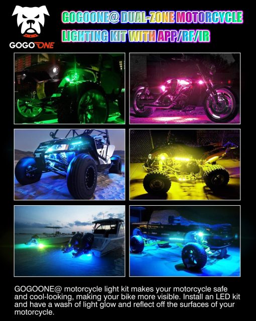 Kit de 12PCs de Tiras de Luces de LED para Motocicletas GOGOONE con Control de Senal de Giro y Freno con APP/IR/RF, Sincronizacion de Musica Multicolor RGB Iluminacion de Atmosfera Neon Resistente al Agua 12V - Imagen 6