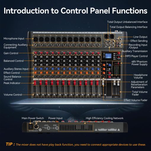 Mesa Mezcladora de Audio de 12 Canales, Consola con Bluetooth USB, Mezcladora DJ para Grabacion de PC Controlador de Sonido Interfaz de Audio con Alimentacion Phantom de 48V, Conector de Microfono XLR, Entrada/Salida RCA (12 Canales) - Imagen 6