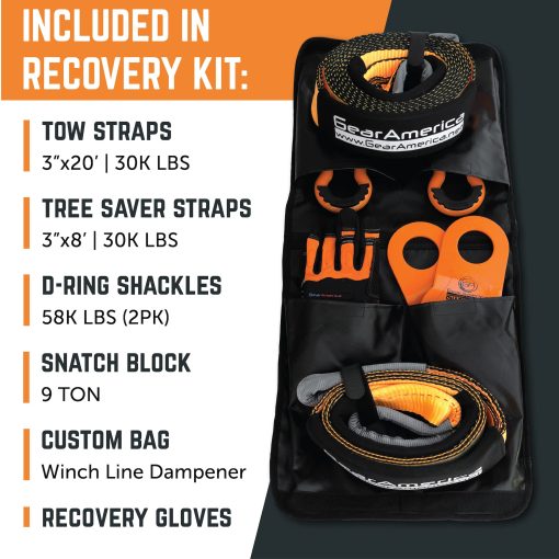 Kit Completo de Recuperacion Todo Terreno GearAmerica 9 Toneladas | Correa de Remolque + Protector de arbol + Polea de Bloqueo Resistente + Grilletes en D + Bolsa Amortiguadora de Linea de Malacate + Guantes | Accesorios Definitivos para el Rescate 4x4 - Imagen 2