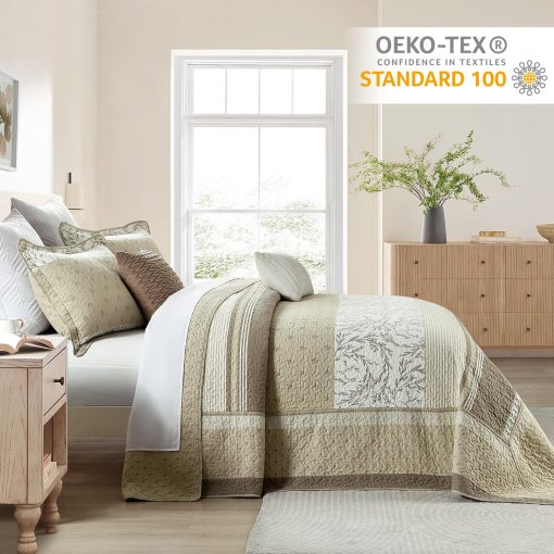 Colcha de cama extragrande California King de 100% algodon 128"x120", colcha de tamano King acolchada, cubrecama extra grande, edredon ligero de gran tamano, beige / gris / crema - Imagen 3