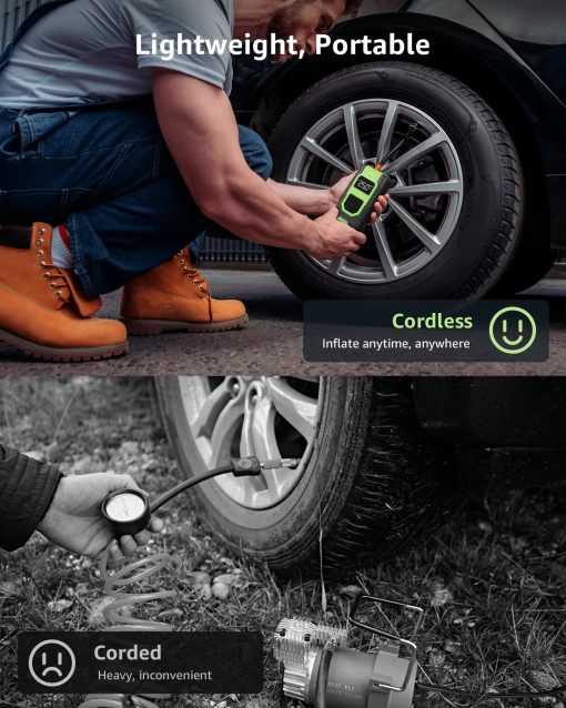 Inflador de neumaticos Geschwind - Compresor de aire portatil, 150 PSI, Bomba de aire electrica para neumaticos de coche inalambrica, 4 veces mas rapido con manometro digital para coche, motocicleta, bicicleta, balon - Imagen 6