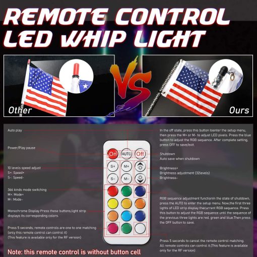 Luces de latigo LED de color de ensueño, señal de giro y freno y advertencia, control remoto, Antena de luz en espiral de baile de 360 grados, Paquete de 2PCS Luces de latigo LED RGB para UTV ATV RZR Fuera de carretera Camiones 4X4 Buggy Duna, 3FT - Imagen 4