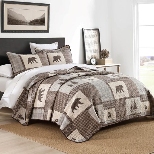 Colcha de Granja Quilta Tamano King - Juego de Ropa de Cama de Patchwork a Cuadros de Algodon 100% con Patron de Animales, Suave y Ligero Colcha Bohemia de 3 Piezas para Todas las Estaciones, Marron/Beige - Imagen 4