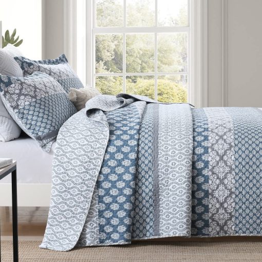 Edredon Floral Tamano King - 100% Algodon Reversible Edredon King con 2 Fundas de Almohada, Suave Edredon King Ligero Juego de Ropa de Cama Tamano King, Azul/Gris Country, King - Imagen 2