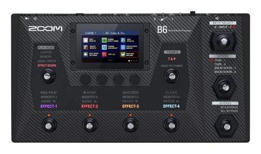 Procesador de efectos multiples para Bajo Zoom B6 con 4 cajas DI, A/B Switcher, interfaz touchscreen, 100+ efectos integrados, modelado de amplificadores, IR's, Looper, e interfaz de audio para grabacion directa a computadora