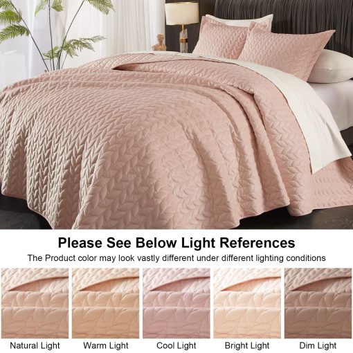 Edredon de Terciopelo Ivellow King Size, Rosa Colcha Ligera Completa Suave Reversible para Todas las Estaciones, Juego de Cama de Lujo de 3 Piezas de Terciopelo con Microfibra Cepillada con Cubierta Acolchada Bordada de Hojas - Imagen 8