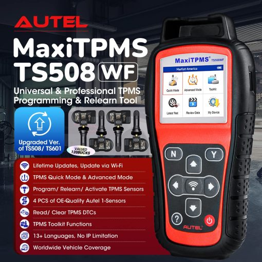 Autel MaxiTPMS TS508WF KIT Herramienta TPMS, Version 2024 WiFi de TS601/ TS508K/ TS508, con 4 sensores MX de 315+433Mhz, Programacion TPMS, Reaprendizaje/Activacion OBD, Borrado de DTCs TPMS, Actualizaciones Gratuitas de por Vida - Imagen 2
