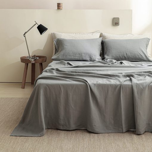 Juego de sabanas 100% lino Simple&Opulence estilo basico, bolsillo profundo, suave juego de sabanas transpirables de lino lavado frances natural 4 piezas - Gris ultimo, Reina