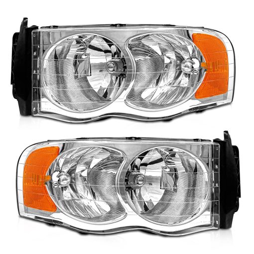 Faros delanteros AXLAHA 2002-2005 para Dodge Ram 1500/2500 3500 2002 2003 2004 2005 Conjunto de ensamblaje de faros delanteros con carcasa cromada y reflector transparente de repuesto para lado del conductor y lado del pasajero