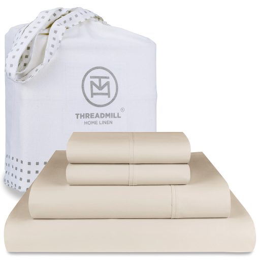 Juego de sabanas de algodon Supima de lujo Threadmill, Juego de sabanas de 1000 hilos suaves 100% algodon para cama de tamano completo, 4 piezas, Juego de sabanas beige completo, Calidad de hotel de 5 estrellas Set de sabanas de bolsillo profundo con elasticidad