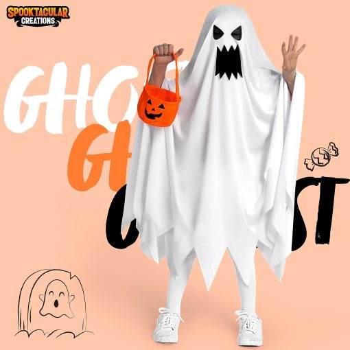 Disfraz de Fantasma para Ninos por Spooktacular Creations, Disfraz de Halloween de Fantasma, Disfraz de Fantasma Rasgado y Enojado Blanco con Bolsa de Calabaza para Ninos, Ninas Disfraz de Halloween, Juego de Rol - Imagen 2