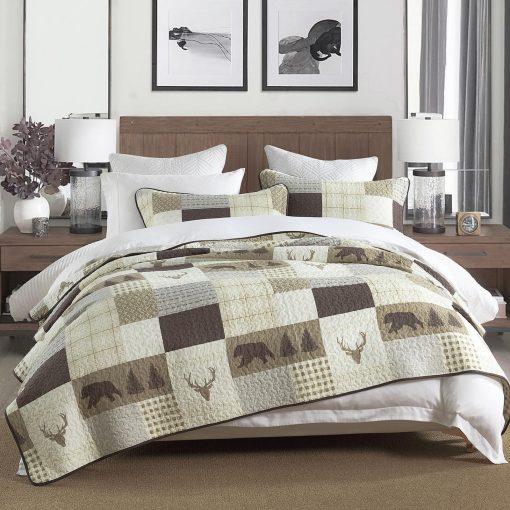 Edredon Queen Size DUOHONG, Juego de Edredones para Cama Queen, 100% Algodon, Edredon Rustico para Cama Queen, Edredon Reversible Ligero con Patrones de Vida Silvestre, Crema/Marron/Gris - Imagen 4