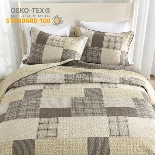 Colcha de Cama Queen 100% Algodon de 120"x102" - Juego de Ropa de Cama Ligero de Estilo Granja, 3 Piezas Edredon Reversible de Lujo en Cuadros Suaves, Beige/Marron - Imagen 4