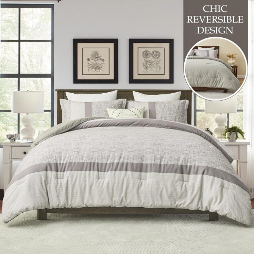 Juego de Edredon PlushVibes Queen a Rayas - 100% Algodon Cepillado Marron Gris Ligero de 3 Piezas Tamaño Queen, Juego de Ropa de Cama Reversible Moderno Impreso de 300TC con 2 Fundas de Almohadas, Todo-estacion 90"x90" - Imagen 2