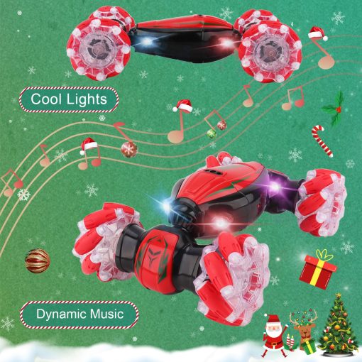 Coche de acrobacias RC con deteccion de gestos IQKidz - Rojo Navideno, Mejores Regalos de Cumpleanos para Ninos de 6-12, Juguetes de Coches de Doble Lado de Control Remoto Manual con Luz y Musica, 4x4 de Deriva Todoterreno para Rotacion - Imagen 2