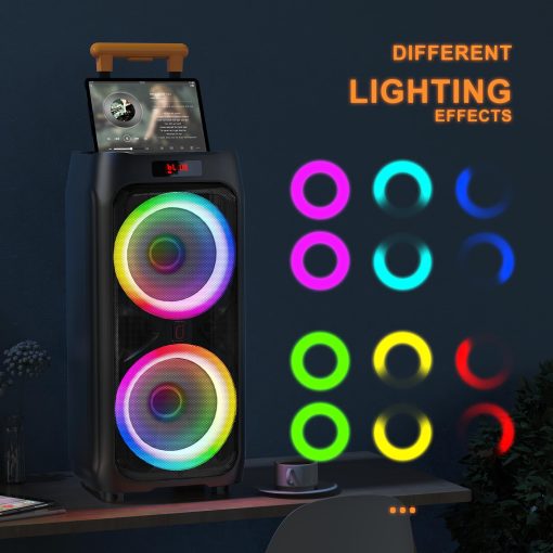 Maquina de Karaoke JYX con 2 microfonos inalambricos para adultos, altavoz de fiesta Bluetooth de 8" con 500W de potencia maxima, sistema PA con luz de DJ, ruedas giratorias y carrito, perfecto para exteriores - Imagen 5