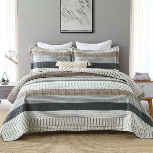 Juego de Edredon PANGUSHAN 100% Algodon Tamaño Queen, Colcha Patchwork Juego de Edredon Queen Ropa de Cama Cubrecamas, Edredon Reversible Ligero de Estilo Granja, Blanco/Marron/Gris Colcha para Todas las Estaciones, 3 Piezas