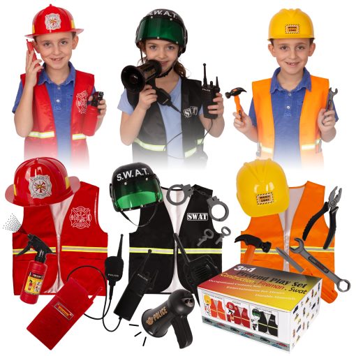 Disfraz de Construccion para Ninos - Gorra y Chaleco de Construccion - Accesorios de Disfraz para Ninos (3 Sets de Disfraces - Disfraz de Construccion, Swat y Bombero)